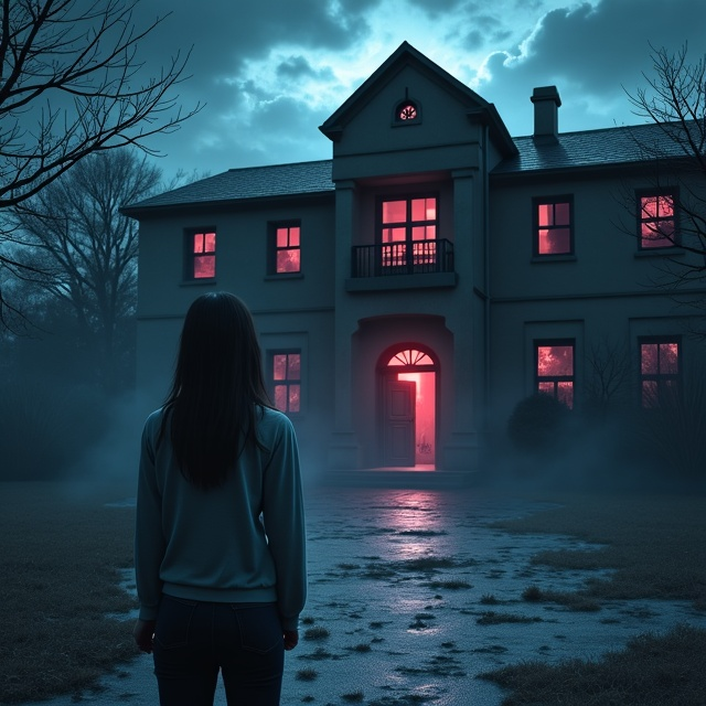 The cover features a dark and eerie school building in the background, with ominous clouds hovering above. In the foreground, a frightened female student is shown, looking back at the school in horror. Behind the school, a menacing black monster with glowing red eyes and a knife is revealed as the school guard.
