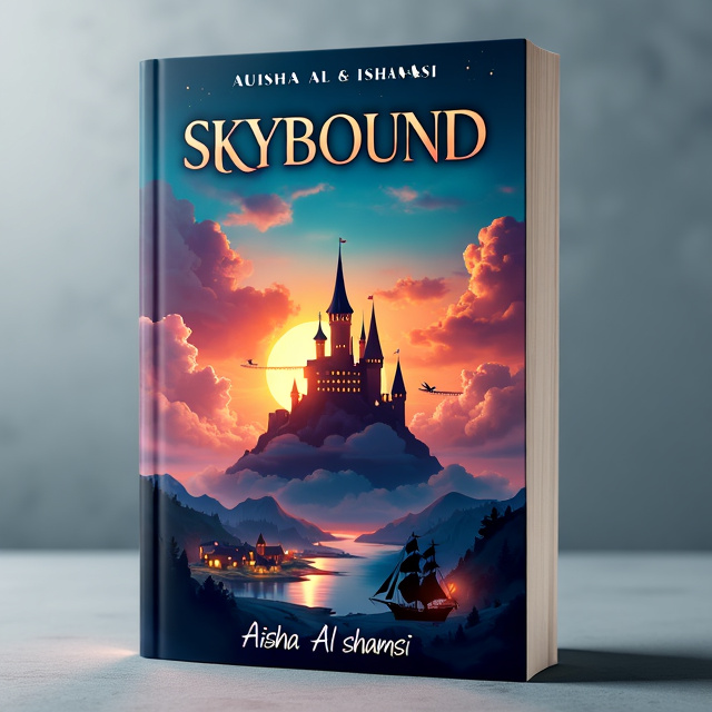 The cover features a stunning sunset scene, with the top half of the cover showing a vibrant sky filled with fluffy clouds. Three majestic castles sit atop the clouds, connected by elegant bridges. The bottom half of the cover depicts a nighttime scene, with a dark castle that stands out with its illuminated windows against the dark sky. The land below showcases a village with glowing houses, leading towards a shore where a ship rests.