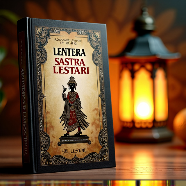 The central focus of the cover is a beautiful wayang (shadow puppet) figure, intricately designed with traditional Javanese patterns. The figure is surrounded by ancient scripts (aksara Jawa) and classic batik patterns in warm, earthy tones. In the background, a glowing lantern (lentera) casts a warm golden light, symbolizing enlightenment and the preservation of literary tradition.