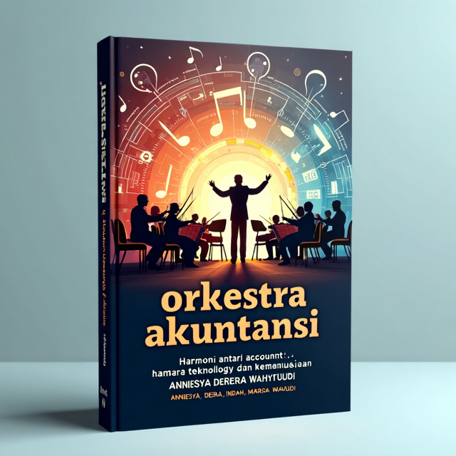 The design features a vibrant and dynamic image of a symphony orchestra, with musicians playing their instruments. The conductor is prominently placed in the center, representing the modern accountant leading and harmonizing various elements. The transition from musical notes to numbers and technology icons symbolizes the evolution of the accounting field. Human figures are included to emphasize the importance of humanity in the profession.