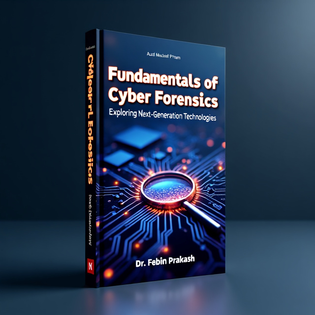 The cover features a close-up image of a digital circuit board with glowing lines, representing the advanced technologies in cyber forensics. The title of the book is displayed prominently at the top, with the author's name below it. A magnifying glass is placed strategically on the circuit board, symbolizing the forensic investigation aspect of the book. The background is dark to create a sense of mystery and intrigue.