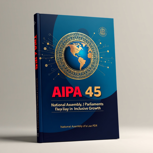 The cover features a modern and sleek design with a background of blue and dark blue colors blending seamlessly into each other. In the center, there is a prominent gold circle with intricate patterns representing connectivity and growth. Inside the circle, there are abstract representations of parliaments symbolizing the role they play in inclusive growth. The overall design exudes a sense of innovation and progress.