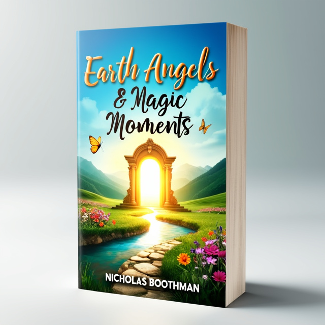A peaceful and serene landscape scene with a clear blue sky, lush green fields, and a gentle stream flowing through. In the foreground, there is a path leading towards a glowing magical door. Surrounding the door are colorful flowers and butterflies, representing joy and hope.