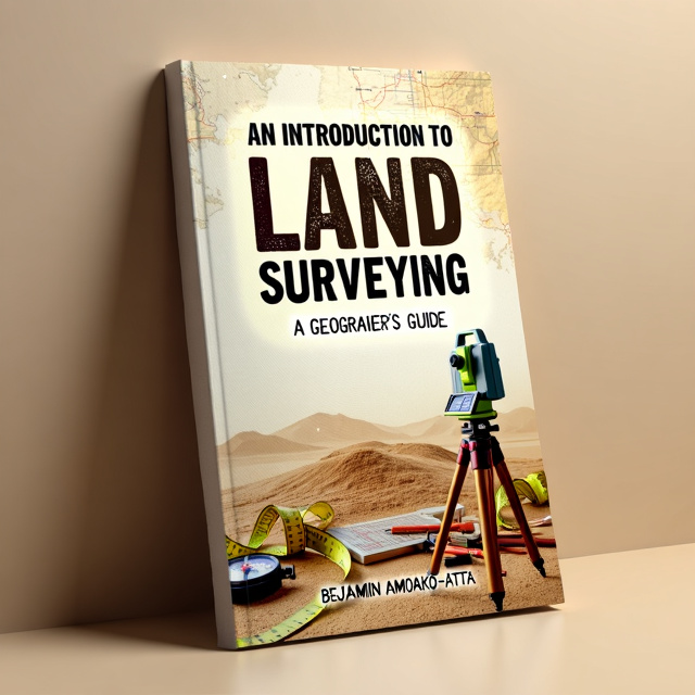 The cover features a close-up image of a land surveyor's tools, including a theodolite, a measuring tape, and a compass, arranged in a dynamic and visually interesting composition. The tools are placed on a topographic map, showing hills and contour lines, creating a sense of depth and dimension. The colors used are earthy tones, representing the natural environment that surveyors work in.