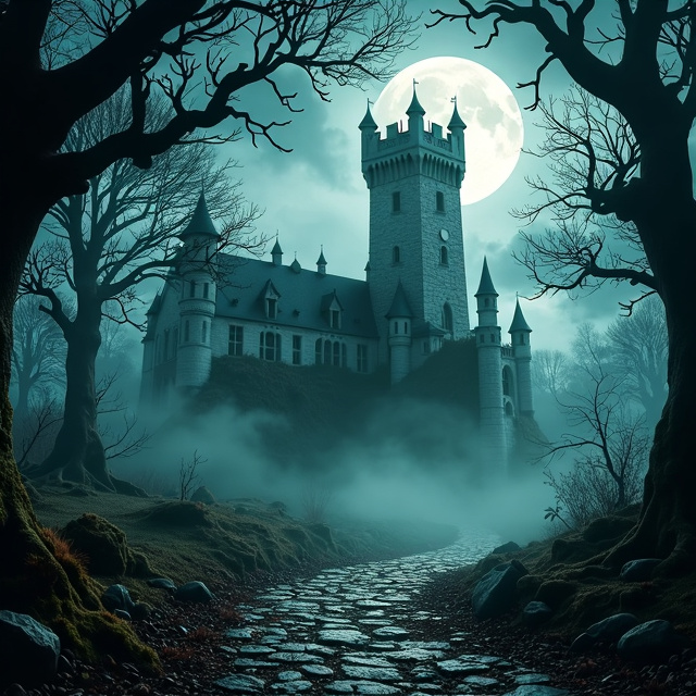 The cover features a dark and eerie forest with twisted trees and fog creeping through the air. In the center of the forest stands a towering white stone castle, its walls covered in ivy and mystery. The moon shines through the clouds, casting an ominous glow over the scene.