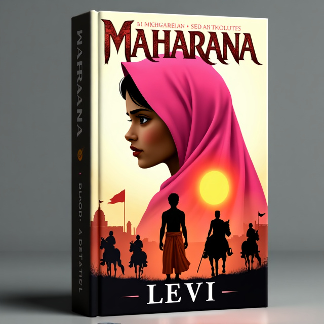 The cover features a side profile of a 15-year-old caramel-skinned girl with a pink veil on her head, seamlessly transforming into a red flag with the symbol of the sun. Behind her, there is a silhouette of a 17-year-old fair-skinned warrior boy, with only his muscular back visible, wearing an orange dhoti. The background showcases the Kumbhalgarh fort. Silhouettes of men on horses engage in battle.