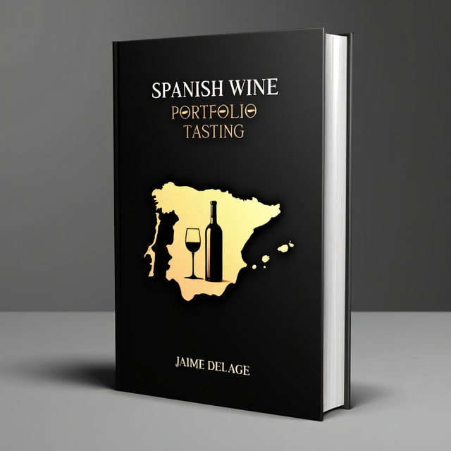 The cover features an elegant, minimalist design with a black background. In the center, there is a large, stylized flag of Spain, rendered in gold. Overlapping the flag, there is an artistic representation of a wine bottle and glass, also in gold. The overall composition exudes sophistication and luxury.