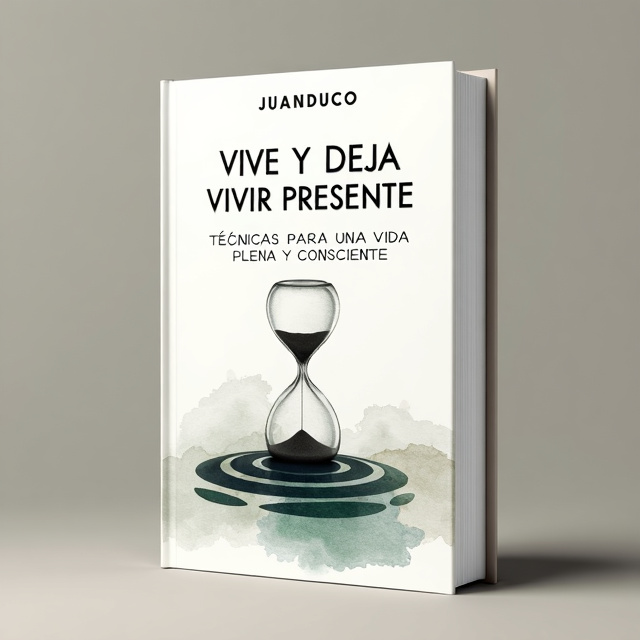 The cover features a simple and clean design with a white background. In the center, there is a minimalist representation of a hourglass to symbolize the importance of living in the present moment. Surrounding the hourglass is a zen circle, representing harmony and balance. The background is filled with an abstract landscape created with watercolor strokes, evoking a sense of tranquility and introspection.