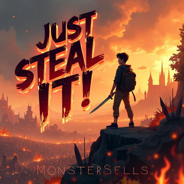 The cover features a young man standing on a hill, overlooking a vast and chaotic battlefield. The scene is filled with hundreds of thousands of creatures, giving a sense of adventure and danger. The man is smiling, unable to hide his excitement, with a blade in his hand. Flames surround the battlefield, symbolizing the intensity of the battle and the fantastical elements of the story.