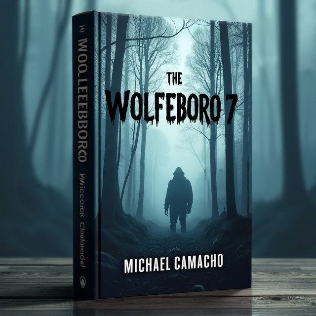 The cover features a mysterious small town engulfed in thick fog. In the foreground, there is a dense forest with tall, bare trees. A shadowy figure lurks behind the trees, representing the unknown and the lurking danger. The overall color scheme is cold and dark, adding to the atmosphere of horror and suspense.