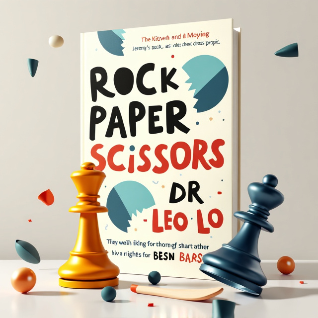 The cover features stylized representations of rock, paper, and scissors, with each element floating and interacting with each other. The rock is shown breaking apart, transforming into paper, and then into scissors. A chess piece is subtly integrated into the background, tilted to symbolize Jeremy's past as a chess prodigy. In the foreground, a quirky kitchen item, such as a dishwashing glove, adds a touch of humor and reflects Jeremy's current life. Abstract elements are scattered throughout the scene, giving a playful yet introspective vibe.