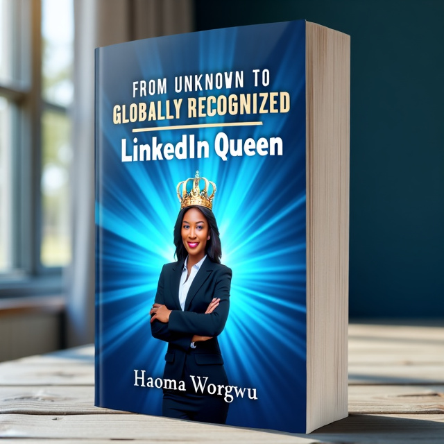 The cover features a vibrant and dynamic background in Linkedin Blue, with rays of light emanating from the center. In the foreground, a confident and successful woman is featured, dressed in professional attire and holding a crown, symbolizing her journey from unknown to being recognized as the LinkedIn Queen. The title is prominently displayed at the top, with the author's name showcased at the bottom.