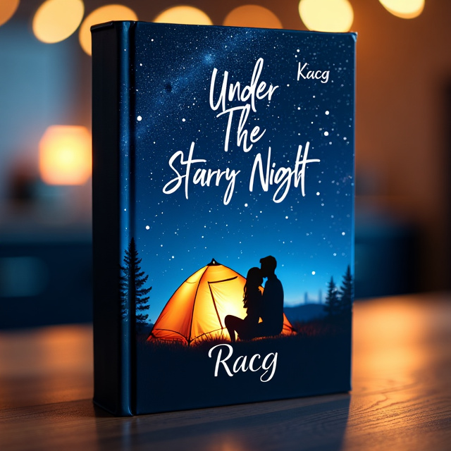 A starry night sky fills the background, with a couple embracing in the foreground under a tent. The stars are twinkling and create a sense of warmth and romance.
