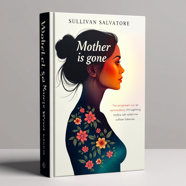 standing book mockup, Its title is "Mother is gone". Its author name is SullivanSalvatore .  The cover features a woman's silhouette in a chic and modern style. One side of the silhouette is in black, representing the absence of the mother, while the other side is vibrant and colorful, symbolizing the protagonist's journey and growth. The contrasting colors and composition create a visually compelling and intriguing image. The book title "Mother is gone" is displayed in a bold and elegant font, emphasizing the emotional impact of the story. The author's name "Sullivan Salvatore" is written in a clean and modern font, complementing the overall design., The woman's silhouette is placed centrally on the cover, with the book title positioned above it and the author's name below. This layout ensures that the important elements are prominently displayed and easily readable.