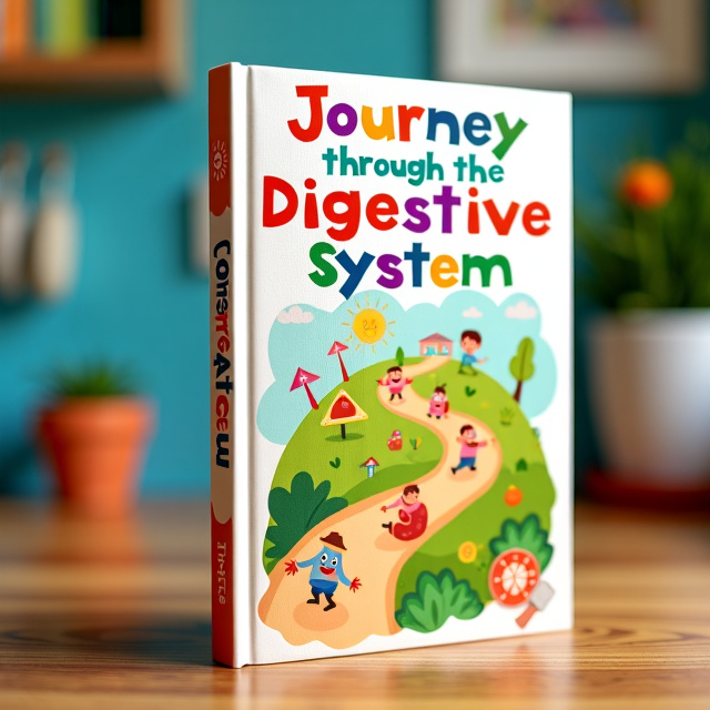 The cover features a playful and colorful illustration of a winding pathway, symbolizing the journey through the digestive system. Along the path, there are various organs and elements that represent different stages of digestion. The illustration is vibrant and whimsical, with cartoon-like characters and fun details that will engage young readers.