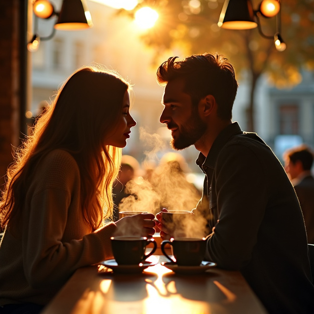 The cover features a close-up of a couple sitting at a cozy coffee shop, their faces partially obscured by steam rising from their mugs. Warm light embraces them, creating a sense of intimacy.