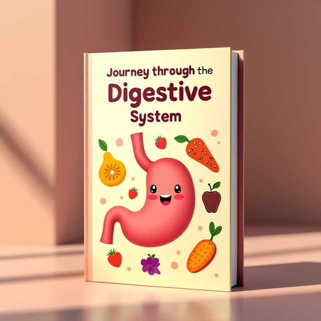 The cover features an illustration of a smiling stomach with eyes and a mouth, representing the journey through the digestive system. Surrounding the stomach are vibrant illustrations of food, highlighting the process of digestion. The background is a soft beige color with subtle pink accents, creating a calming and aesthetic atmosphere.
