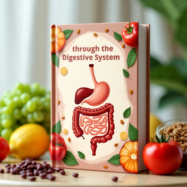standing book mockup, Its title is "Journey through the digestive system".  The cover features a central unlabeled diagram of the digestive system, with each organ clearly depicted in beige against a brown background. Surrounding the diagram are various food items, including fruits, vegetables, and grains, arranged in an aesthetically pleasing manner. The overall style is calm and inviting, with soft colors and smooth lines. The title "Journey through the Digestive System" is written in a playful and child-friendly font, with each word placed on a different line. The font color is a warm pink that complements the brown and beige tones of the cover., The diagram of the digestive system is placed in the center of the cover, with the title positioned above it. The food items encircle the diagram, creating a visually appealing frame. The area where the author's name typically appears should be left completely blank, with no text or placeholder.
