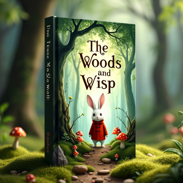 The cover features a whimsical forest scene with a mossy forest floor and a large tree on the left side. In the center of the cover, there is a white rabbit wearing a red coat, standing on a forest path. Mushrooms are scattered around the rabbit and the tree adds an enchanted touch to the scene. The overall style is soft and reminiscent of an old-fashioned watercolor painting.