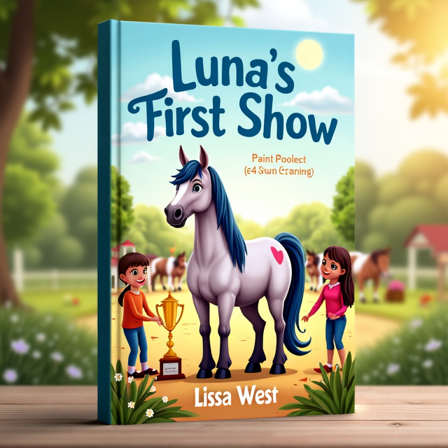 The cover features a whimsical and fun scene with a paint pony in the countryside at an outdoor horse show arena. The pony is beautifully decorated and stands proudly with a trophy beside it. Surrounding the pony are other ponies and children, creating a sense of excitement and camaraderie.