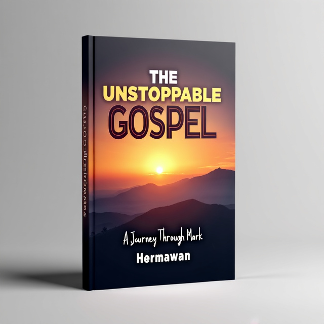 The cover features a stunning photograph of a sunrise over a mountain range, symbolizing a new beginning and the unstoppable nature of the gospel. The title "The Unstoppable Gospel" is displayed prominently in bold, warm-colored letters, with the subtitle "A Journey Through Mark" positioned below in a smaller, contrasting font. The author's name, Hermawan, is elegantly placed at the bottom of the cover.