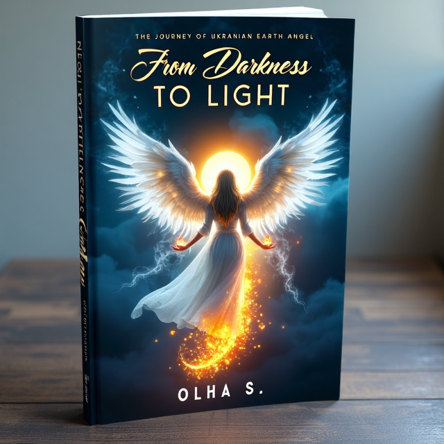 The cover features a beautiful Earth Angel with flowing white wings surrounded by glowing flames, symbolizing their journey from darkness to light. The angel is placed centrally, with the flames emanating from their wings, creating a sense of strength and power. The background is a serene night sky, representing the darkness that the angel has overcome.