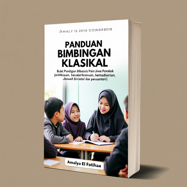 The cover features a modern and minimalist design, with a central image of a counselor guiding students in a pesantren setting. The background is a clean and simple solid color, emphasizing the importance of simplicity and clarity in the counseling process.