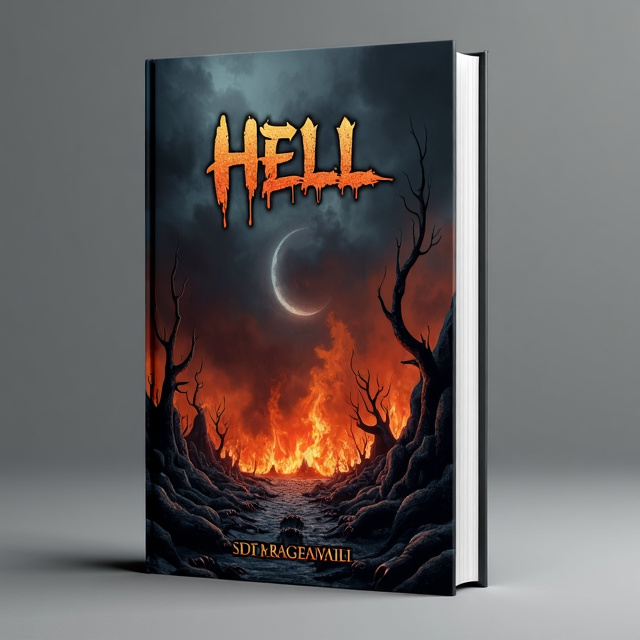 The cover features a central image of a dark and ominous-looking hell, with flames and tortured souls. The image is surrounded by a grey background, giving a sense of despair and sadness.
