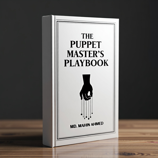 The cover features a clean and minimalistic design with a black and white background. The title "The Puppet Master's Playbook" is written in bold, capitalized serif font, centrally aligned, with precise, clean borders around the cover. Below the title, there is a minimalist illustration of a puppet hand with strings, symbolizing control and manipulation. The author's name, MD. Mahin Ahmed, is placed at the bottom of the cover in a smaller, elegant serif font.