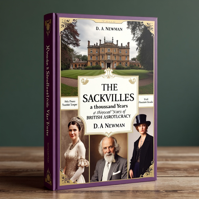 The cover features a central image of Knole house, surrounded by smaller images of Vita Sackville West in 1920s writing attire, elderly Sir Thomas Sackville with a long grey beard in Elizabethan attire, and Idina Sackville in 1920s socialite attire. The images are arranged in a collage-like style, with gold and purple accents throughout.