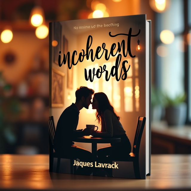 A warm and cozy coffee shop scene is depicted in the background, with a couple sitting at a table in the foreground. The lighting is soft and inviting, creating a romantic atmosphere. The couple is shown cuddling and speaking unclearly, symbolizing the feeling of being encaged in their love.