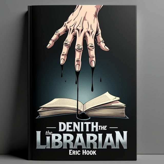 The cover features a black background with an open book in the center, tilted slightly towards the viewer. Above the book, a hand stretches out from the background, with all five fingertips touching the open pages. Rivulets of black ink are drawn from the book up the fingers. The style of the illustration is similar to comic book artist Frank Miller, with bold lines and shadows.