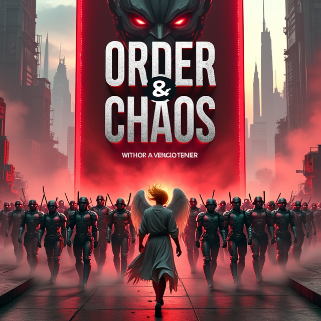 An army of soldiers in various futuristic armor, weapons in hand, marching through a massive red gate. The city planet Ultera looms behind them, with towering skyscrapers reaching towards the stars. In the background, the red eyes of The Chaos Demon Zero pierce through the darkness. In the foreground, an angel named Alron stands with outstretched wings, his golden hair flowing in the wind.
