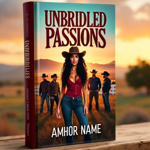 The central figure, a woman with long, flowing dark curly hair beneath a cowboy hat, stands confidently in the foreground. She is surrounded by five cowboys, two white, one Hispanic, one Black, and one Native American, each positioned strategically around her. The background features a vast ranch with rolling hills, expansive fields, and a white picket fence, all set against a warm, inviting sunset sky.