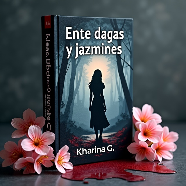 The cover features a realistic depiction of a black-haired woman standing in the distance, surrounded by a dark and mysterious fantasy landscape. In the foreground, a blood-stained dagger is placed amidst blooming jasmine flowers, symbolizing intrigue and feminine strength.