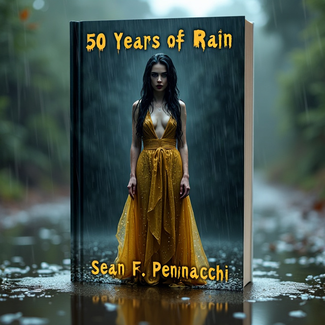 A photorealistic scene of a woman standing in the rain, wearing an elegant gold and black dress. Her long black hair is drenched, and her makeup is smeared, adding a sense of vulnerability. The puddle at her feet reflects her image, capturing the melancholic moment.