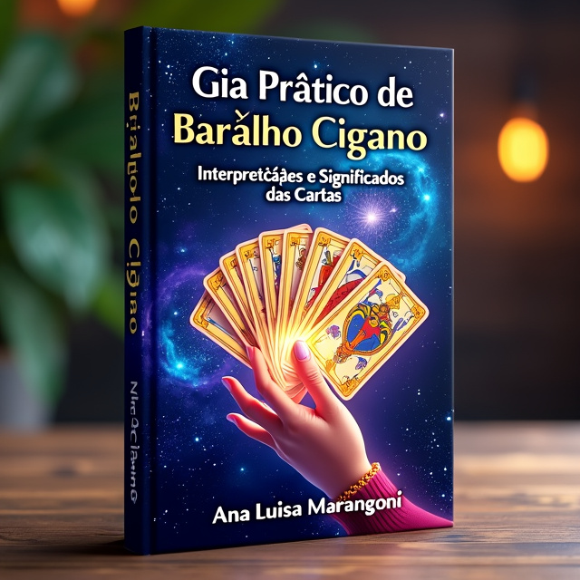 The cover features a galaxy-themed background with shimmering stars and nebulae. In the center, there is a vibrant illustration of a mystical hand holding a deck of tarot cards, representing the Baralho Cigano. The cards are spread out, revealing some of their intricate designs and symbols.