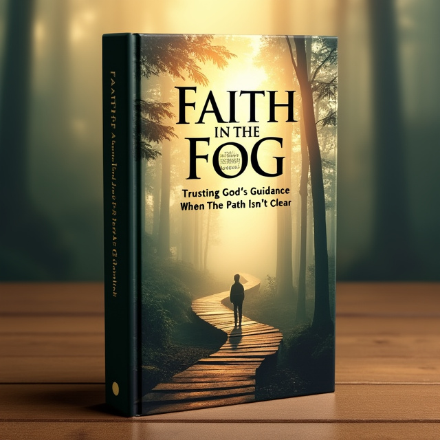 A winding forest path leading into the distance, with sunlight breaking through the trees and casting a warm glow. A silhouette of a person is walking along the path, looking up towards the light. The title "Faith in the Fog" is centered above the light, with the subtitle "Trusting God’s Guidance When the Path Isn’t Clear" below it.