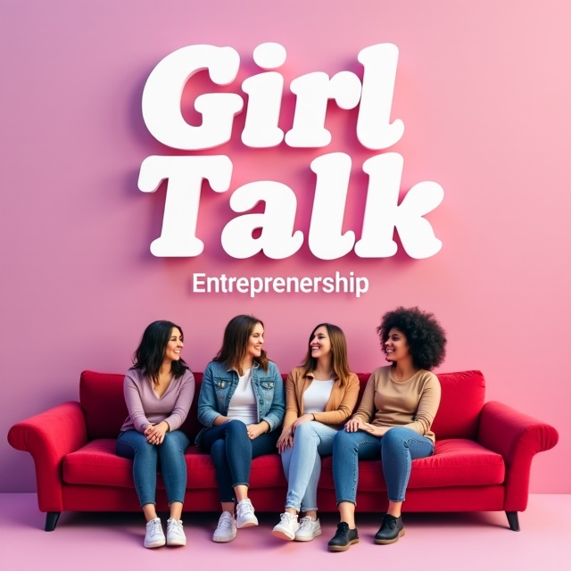 The background is a soft pastel pink and soft pastel purple gradient, creating a dreamy and soothing atmosphere. At the center, there is a long red couch where four diverse women are sitting and laughing, representing the theme of female entrepreneurship. Each woman represents a different ethnicity and has unique features, showcasing the diversity and inclusivity of the book.