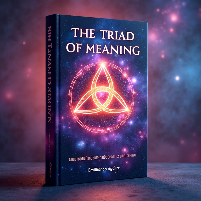 The cover features a cosmic background with vibrant shades of pink, purple, and blue, representing the universe and contemplation. In the center, there is an illuminated triad symbol, combining ancient wisdom, modern science, and contemporary philosophy. Surrounding the symbol, there are intricate fractal patterns, symbolizing the chaotic order of knowledge.