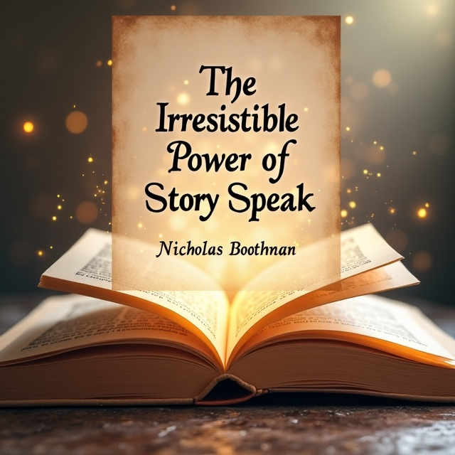 The cover features a close-up image of an open book, with pages turned to reveal a captivating story written in beautiful calligraphy. The book is surrounded by subtle swirls of color, representing the power of storytelling to captivate and move the reader. In the background, there is a soft gradient of warm colors, creating a calming and reflective atmosphere.