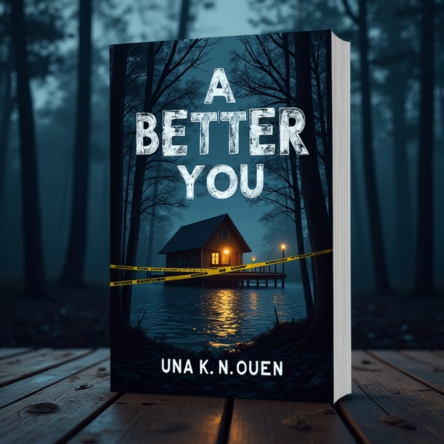 The cover features a dark, ominous cabin nestled in the woods by a lake. There is police tape stretching across the scene, hinting at a crime scene. In the background, flashlights illuminate the surrounding area, adding to the suspenseful atmosphere.