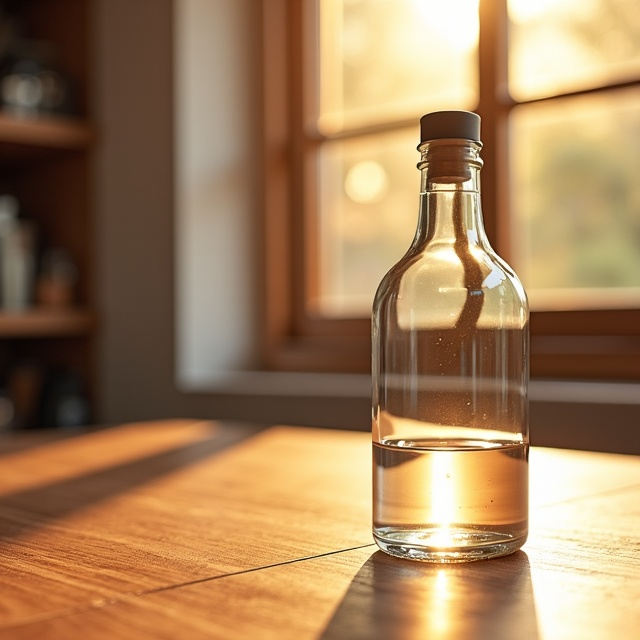 A clear glass bottle placed on a warm wooden table, with sunlight streaming through a window, creating a beautiful shimmering effect.
