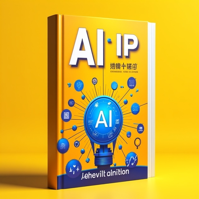 The cover features a vibrant yellow background with a gradient effect, symbolizing energy and warmth. In the center, there is an illustration of a powerful AI engine, surrounded by various IP-related elements such as books, gears, and a magnifying glass. These elements represent the process of creating and empowering intellectual property with the help of AI.