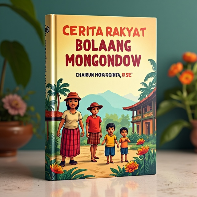 A colorful retro illustration of folk characters from the Bolaang Mongondow region, including children and adults, engaged in traditional activities. The scene depicts joyful and lively moments, capturing the essence of the book's cheerful and enjoyable content.