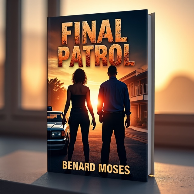 The cover features a close-up shot of the two police officers, with the building and patrol car in the background. The sun is setting behind them, casting a warm, golden light. The black woman is positioned on the left side of the cover, looking determined and focused, holding a gun in her hand. The white man stands on the right side, exuding confidence, also holding a gun. The overall composition creates a sense of suspense and urgency.