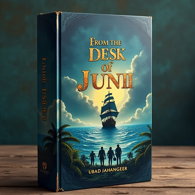 The cover features a mysterious pirate ship sailing on a vast sea, with dark clouds and a hint of sunlight breaking through. In the foreground, a group of friends is depicted walking towards a dense jungle, creating a sense of adventure and intrigue.