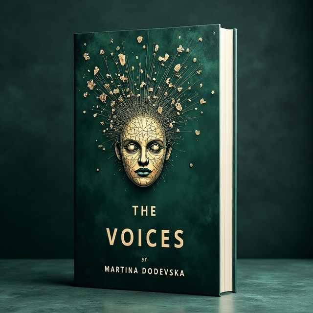 standing book mockup, Its title is "The Voices". Its author name is Martina Dodevska.  The cover features a dark green background with subtle textures and gradients, creating a sense of depth and mystery. In the center, there is an abstract face made up of swirling lines and shapes, representing the inner turmoil and confusion of the protagonist. From the head, there are scattered and fragmented thoughts flying outwards, symbolizing the shattered mental state and the voices haunting the main character. The book title "The Voices" is displayed in bold, capital letters, with each letter made up of thin lines. The font choice is modern and slightly distorted, adding to the overall unsettling mood of the cover. The author name, Martina Dodevska, is placed at the bottom in a more traditional serif font, creating a balance between modern and classic styles., The main visual elements are placed in the center of the cover, drawing the viewer's attention. The title is positioned horizontally above the image, while the author name is aligned vertically on the right side. This layout ensures readability and maintains a clean and organized composition.
