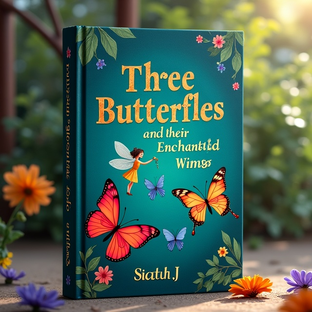 The cover features a dark greenish blue background with leaves and flowers scattered throughout. In the center, three vibrant butterflies - one red, one blue, and one yellow - are depicted in mid-flight. Above them, a whimsical fairy is seen with a wand, enchanting the butterflies with a sprinkle of magic dust.