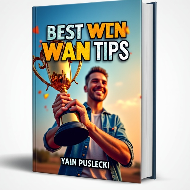 The cover features a close-up shot of a person holding a trophy with a big smile on their face, symbolizing success and achievement. In the background, there are vibrant colors and energy lines to represent motivation and energy. The title "Best Win Tips" is displayed prominently at the top, with the author name "Yann Puslecki" shown at the bottom.